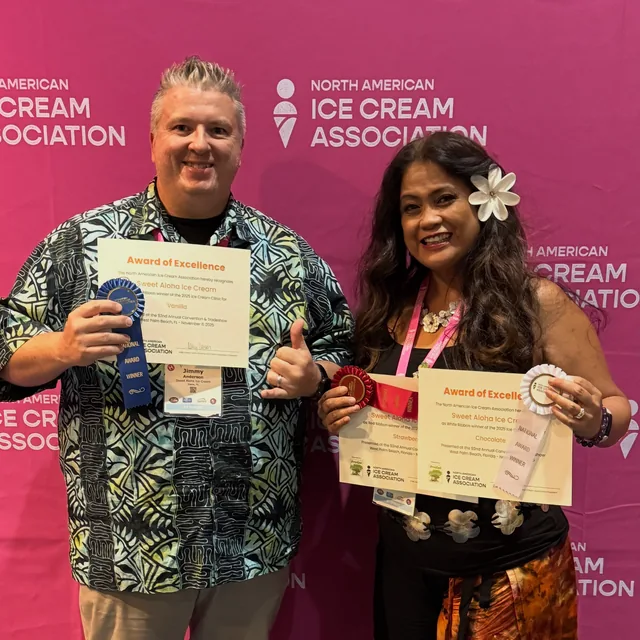 ConeCon Awards — Sweet Aloha Ice Cream with three Award of Excellence certificates: Vanilla (Blue Ribbon), Strawberry (Red Ribbon), Chocolate (White Ribbon)