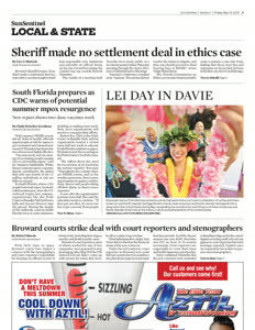 First page of the saved Sun Sentinel print, May 19, 2023 article